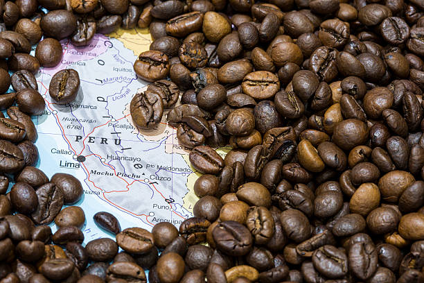 istock Map of Peru under a background of coffee beans 498022338