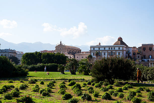 Palermo, Italy - November 27, 2011: View over park Foro Italico to old center of Palermo at sunny autumn day. A woman is dogging with two dogs.