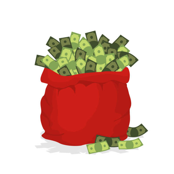 ilustraciones, imágenes clip art, dibujos animados e iconos de stock de bolsa de dinero santa claus. rojo festivo bolsa equipada con dólares. - santa bag