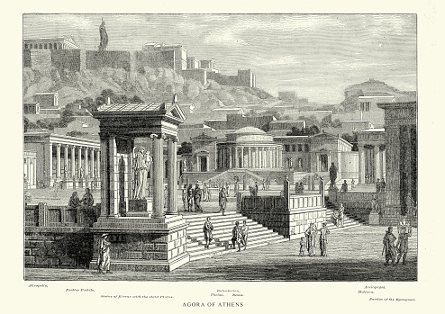 Vintage engraving of the Ancient Agora of Athens. The Ancient Agora of Classical Athens is the best-known example of an ancient Greek agora, located to the northwest of the Acropolis. The Agora was a central spot in ancient Greek city-states. The literal meaning of the word is gathering place or assembly.