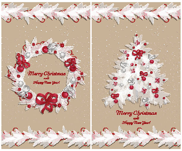 2 つのグリーティングカードのセット - twig pine tree ribbon decoration点のイラスト素材／クリップアート素材／マンガ素材／アイコン素材