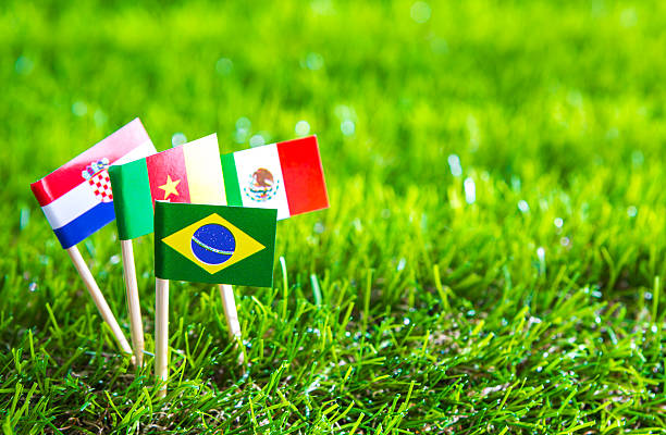 istock Paper cut of flags on grass 498026399