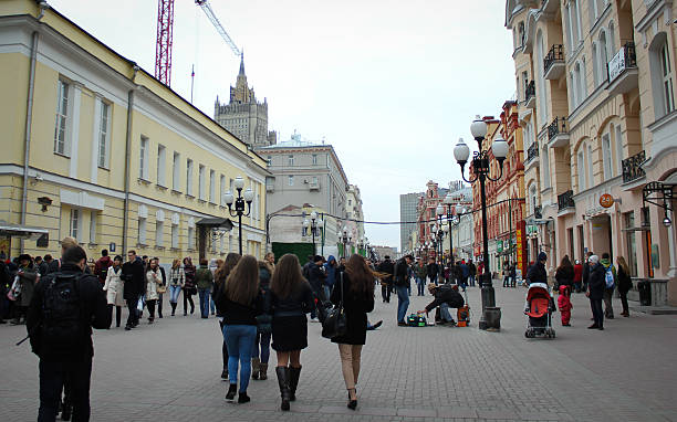 A lot of people on Arbat Street in Moscow in autumn
