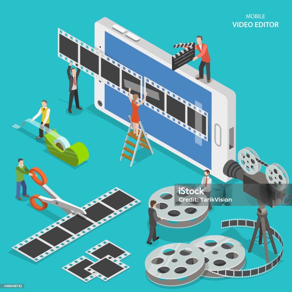 Mobile video editor flat isometric vector concept. Mobile video editor flat isometric vector concept. People create a movie on smartphone using film strip and sticky tape. Movie stock vector Mobile video editor flat isometric vector concept. Mobile video editor flat isometric vector concept. People create a movie on smartphone using film strip and sticky tape. Movie stock vector