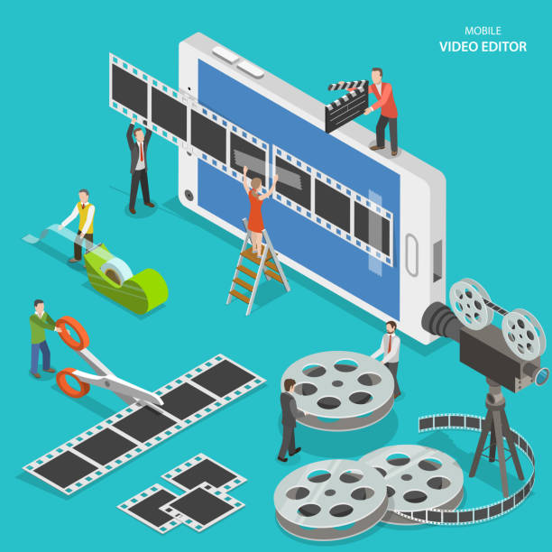 Mobile video editor flat isometric vector concept. Mobile video editor flat isometric vector concept. People create a movie on smartphone using film strip and sticky tape. motion picture screen stock illustrations