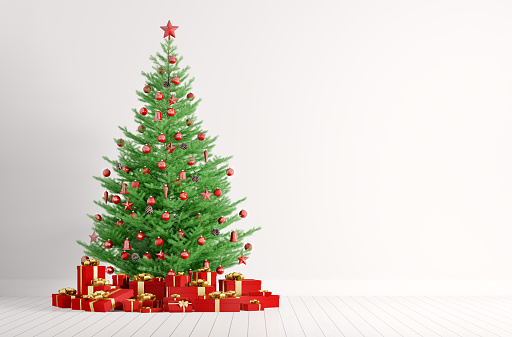 Interior of a white room with christmas fir tree and red gifts 3d render