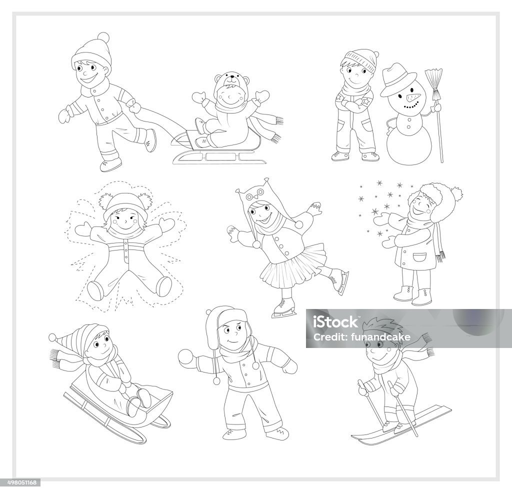 Set of happy children having fun during the winter vacation. This is a black and white version of the cartoon characters set. It includes 9 images of kids enjoying winter, snow and having fun. Child stock vector