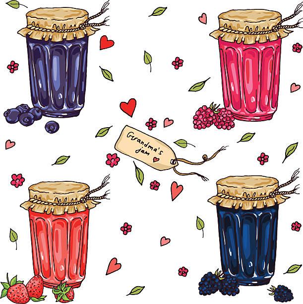 oma jam set erdbeere, himbeere, brombeeren und blaubeeren - blackberry blueberry raspberry fruit stock-grafiken, -clipart, -cartoons und -symbole