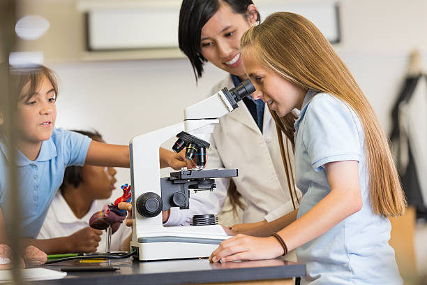 istock Teacher showing girl how to use microscope in science class 498052861