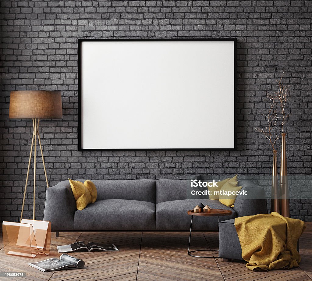 mock up poster with vintage hipster loft interior background mock up poster with vintage hipster loft interior background, 3D render Wall - Building Feature Stock Photo