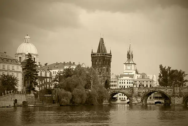 old styled sepia toned cityscape of historical center of Prague, Czech Republic