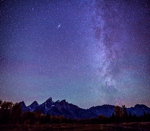 Milky way over Grand Teton Mountain Range stock photo