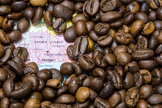 istock Map of Ivory Coast under a background of coffee beans 498055492