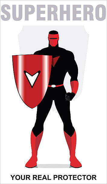 superhero. standing superhero with the shield. vector art illustration
