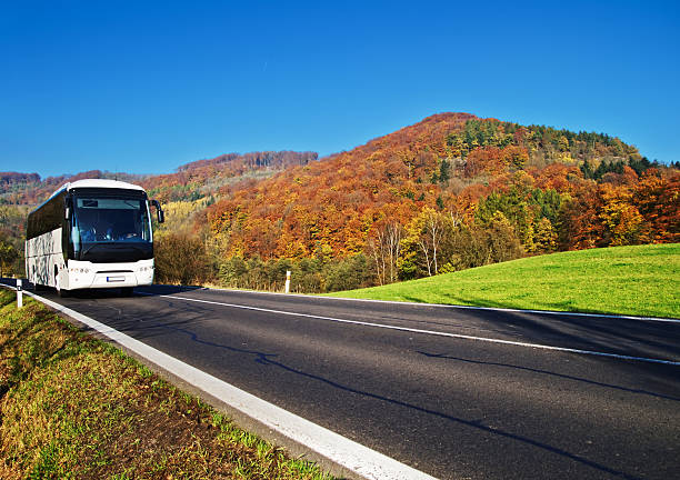 blanco autobús al llegar a la carretera asfaltada por el valle - riding autumn meadow land fotografías e imágenes de stock