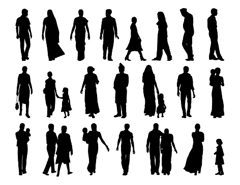 big set of black silhouettes of indian men, women and children standing and walking