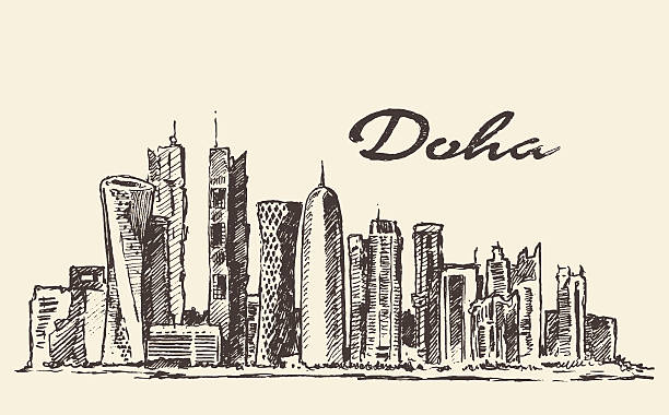 illustrations, cliparts, dessins animés et icônes de panorama de doha illustration vectorielle dessinés à la main - illustrations de doha