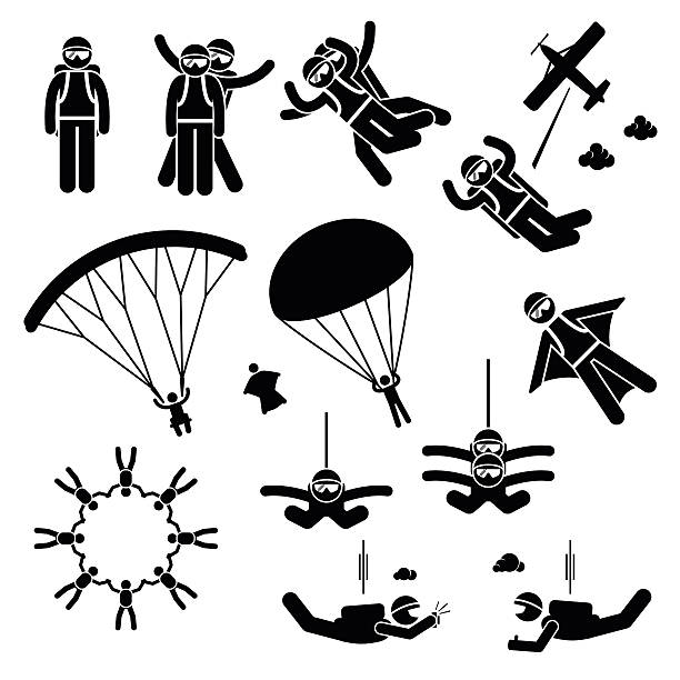 fallschirmspringen skydives skydiver fallschirm wingsuit freefall pictogram freefly - extremsport stock-grafiken, -clipart, -cartoons und -symbole