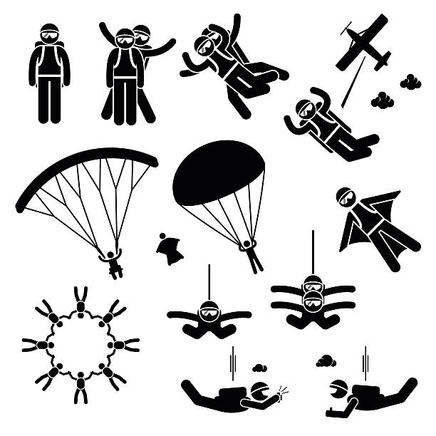 Skydiving Skydives Skydiver Parachute Wingsuit Freefall Freefly Pictogram Set of human pictogram representing skydiving activities with skydiver on solo, tandem skydiving, jumping out from an airplane, freefall, using wingsuit, taking photograph, parachuting, and also a team of skydivers making a formation in the midair. skydiving stock illustrations