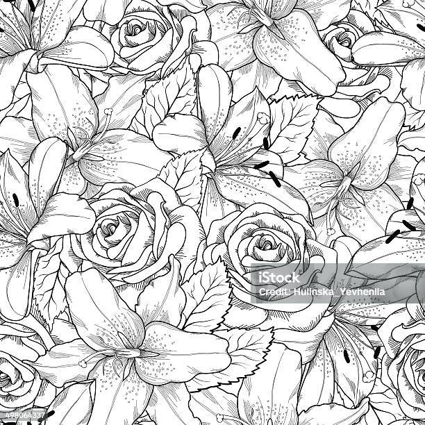 Beautiful Seamless Background With Black And White Lily And Roses Stock Illustration - Download Image Now