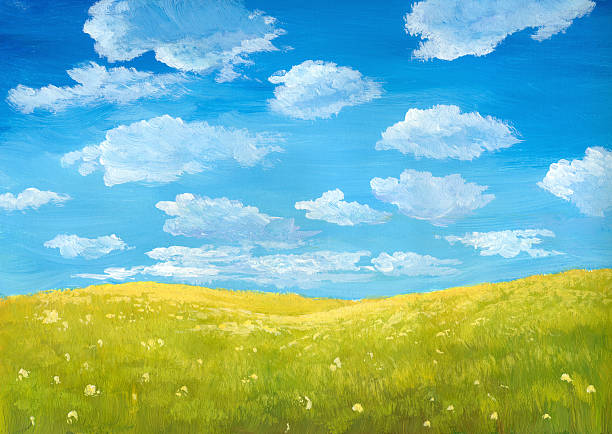 zielony łąka - sky watercolour paints watercolor painting cloud stock illustrations