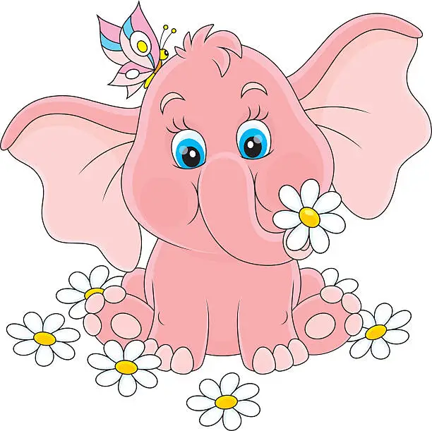 Vector illustration of Little elephant with flowers