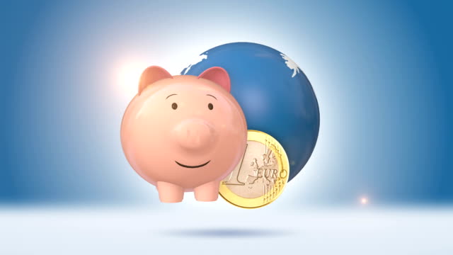 Piggy Bank And Euro Coin With Blue Globe