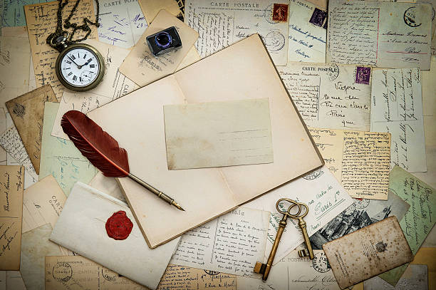 istock book, antique writing accessories and postcards 498073839
