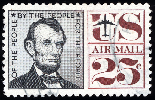 Stamp printed by USA shows image portrait of President Abraham Lincoln (1809-1865), circa 1959