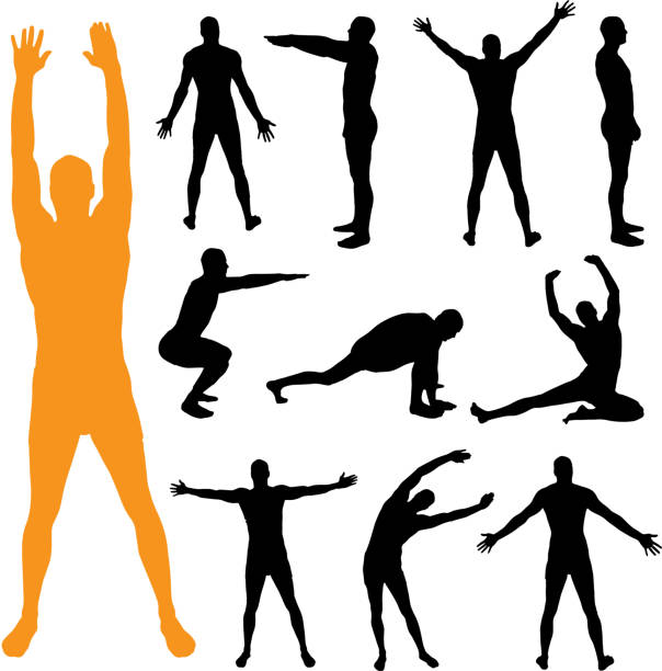 ilustraciones, imágenes clip art, dibujos animados e iconos de stock de vector silueta de un hombre. - stretching exercising gym silhouette