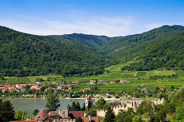View from Durnstein over the Danube river to Rossatz, Wachau, Danube valley, Lower Austria, Austria.