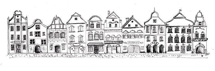 Hand drawn set of ten old houses.
