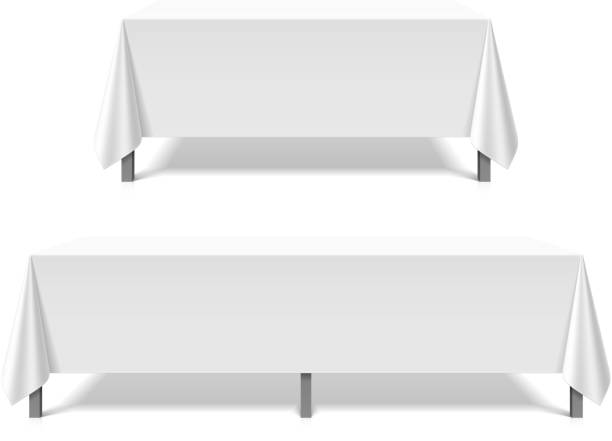 bankett-tisch mit weißem tischtuch bedeckt - tischtuch stock-grafiken, -clipart, -cartoons und -symbole