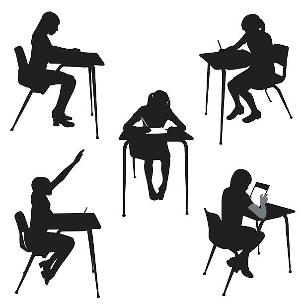 School Girl A vector silhouette illustration of a young school girl sitting at her desk working on an assignment, raising her hand, and looking at a book. learning silhouettes stock illustrations