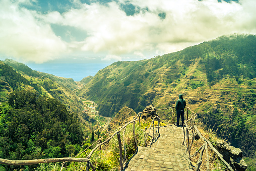 one person viewpoint landscape valley Madeira Island