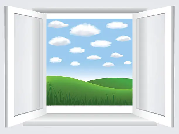 Vector illustration of window with  blue sky, clouds and green hiil