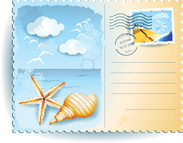 ilustrações, clipart, desenhos animados e ícones de férias na praia, cartões postais - retro revival postcard beach dirty