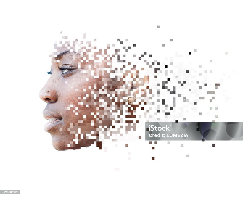 Double exposure portrait Photograph of attractive african american female model combined with pixelated illustration Pixelated Stock Photo