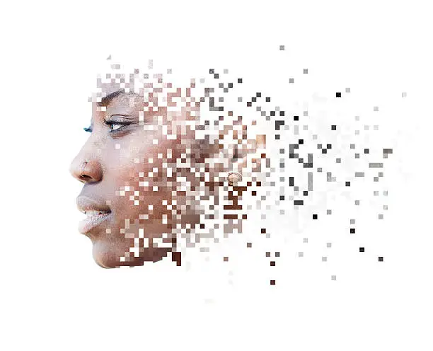 Photograph of attractive african american female model combined with pixelated illustration