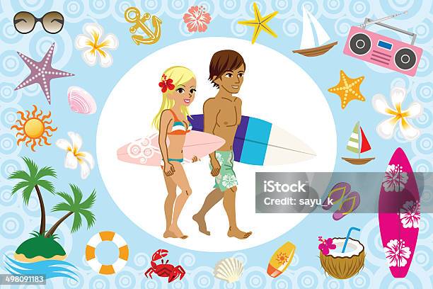 Surfer Couple And Sea Icon Stock Illustration - Download Image Now - Adult, Anchor - Vessel Part, Aquatic Sport