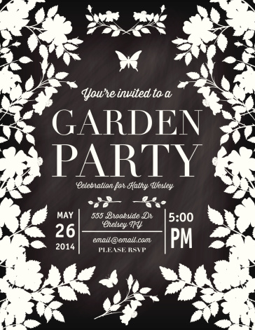 Roses Garden Party Invitation Template. White flowers and leaves silhouettes vertically scattered on the left and right side forming a framed border with invitational text in the middle on a black background.  There is two white butterfly silhouettes, one at the top and one near the bottom. 