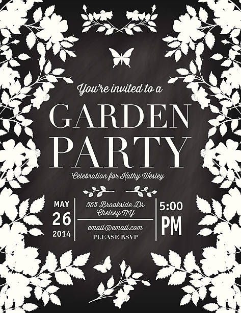 Roses Garden Party Chalkboard Invitation Template Roses Garden Party Invitation Template. White flowers and leaves silhouettes vertically scattered on the left and right side forming a framed border with invitational text in the middle on a black background.  There is two white butterfly silhouettes, one at the top and one near the bottom.  garden parties stock illustrations