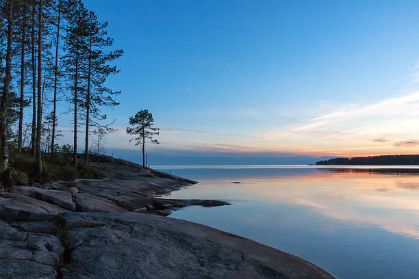 istock Onega Lake granite shore with pines at midnight sun 498091833
