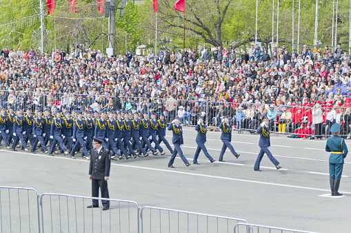 Samara, Russia - May 9, 2015: Russian woman midshipmans march at the parade on annual Victory Day