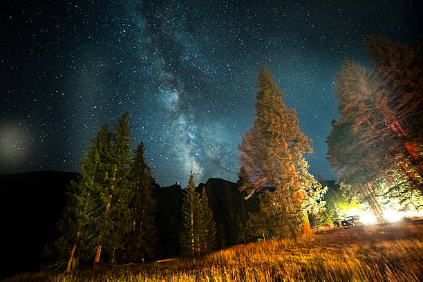 Milky Way Galaxy Over Campground Milky Way Galaxy as a campground is litMilky Way Galaxy silhouetted against trees great basin national park stock pictures, royalty-free photos & images