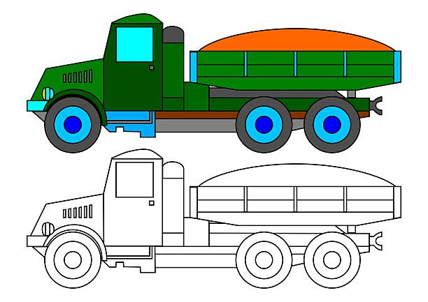 Historical green truck with a load of sand as a coloring book for kids - illustration