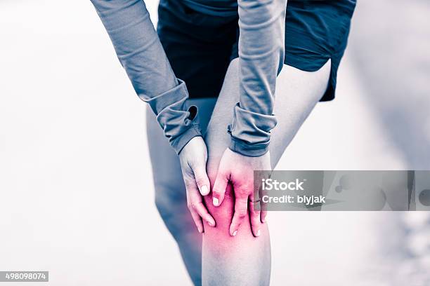 Knee Pain Woman Holding Sore And Painful Leg Stock Photo - Download Image Now - Knee, Pain, Women