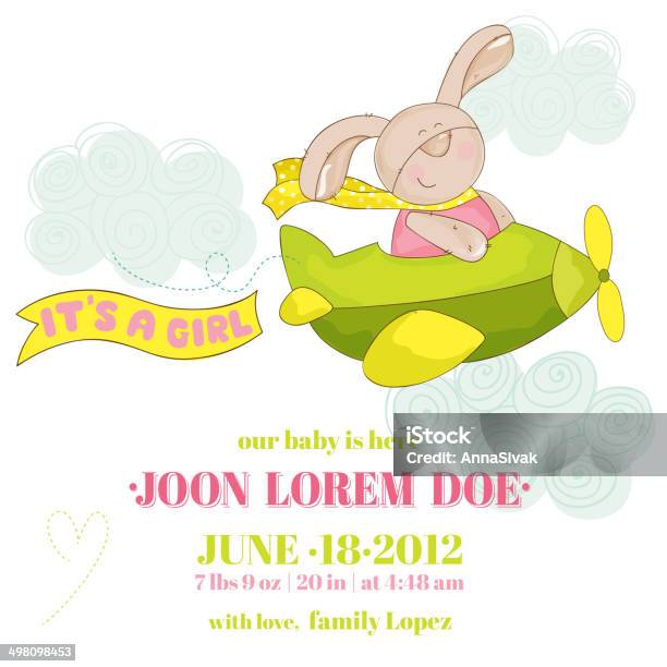 Bunny On A Plane Baby Shower Or Arrival Card Stock Illustration - Download Image Now - Airplane, Animal, Announcement Message