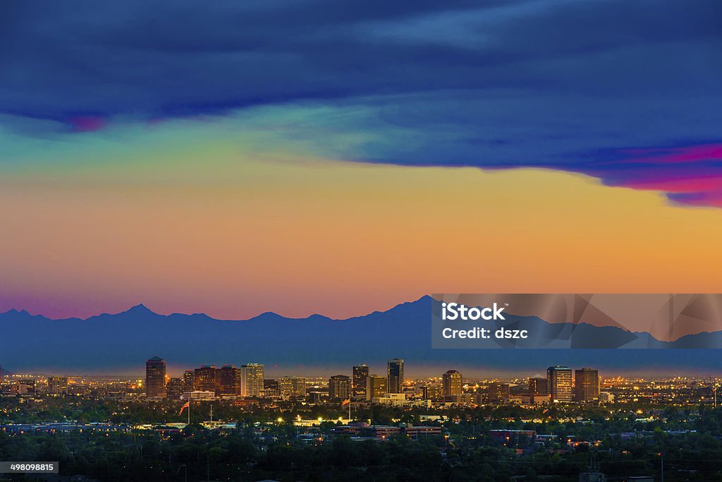 Phoenix Arizona skyline panorama cityscape sunset, aerial from Scottsdale Phoenix Arizona skyline under a dramatic sunset as seen from Scottsdale Phoenix - Arizona Stock Photo