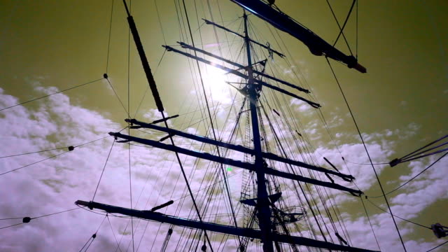 rigging and masts of a sailing ship at sunset